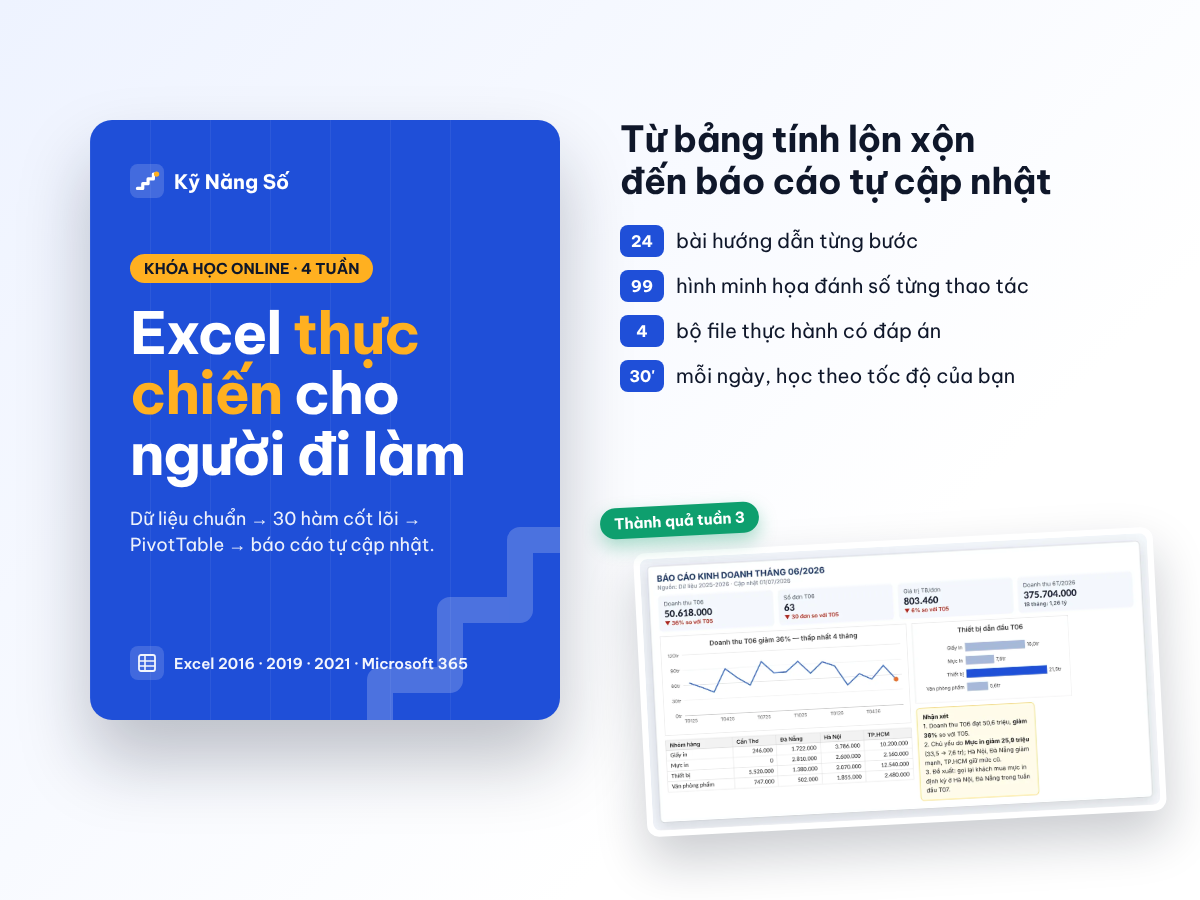 Ảnh bìa khóa Excel thực chiến cho người đi làm