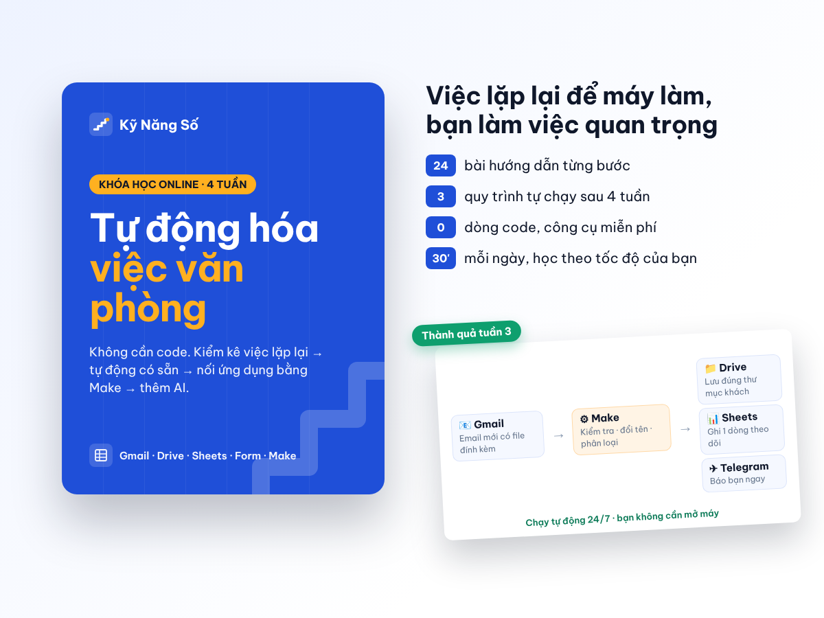 Ảnh bìa khóa Tự động hóa công việc văn phòng — không cần code